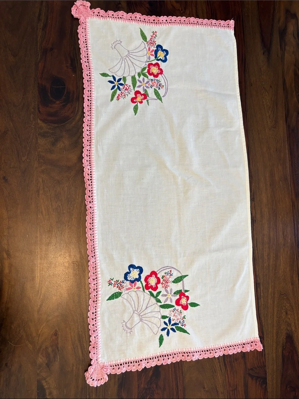 Embroidered Floral Linen Runner with Pink Crochet Trim- Fabulous!
